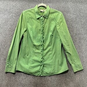 LL Bean Button Up Top Women Medium Green Cotton Long Sleeve Ruffle‎ Front Shirt